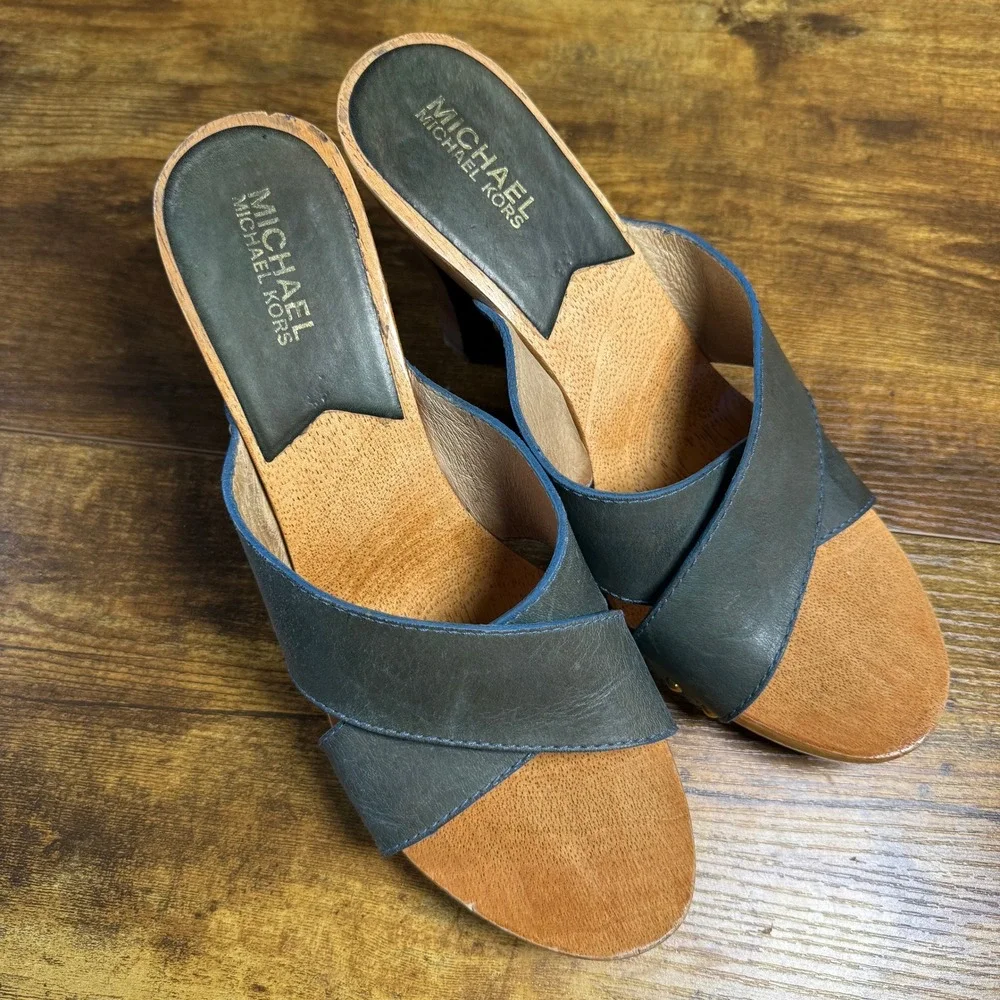 Michael Michael Kors Leather Wood Platform Crisscross Clog Sandals Blue Gray 10M